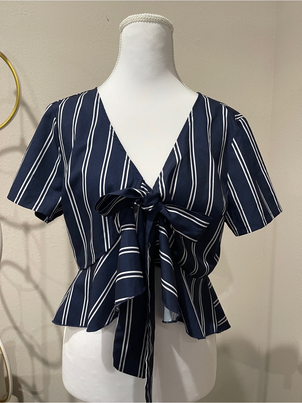 SHEIN Navy & White Striped Tie-Front Peplum Blouse